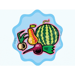 The image is a colorful clipart featuring an assortment of fruits and vegetables. There is a large watermelon, a pair of pears, a single onion along with a purple beet or turnip with its greens on top, and a small red radish.