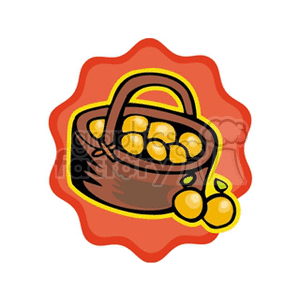 The clipart image features a wicker basket filled with orange or tangerine fruits. Two additional oranges or tangerines are depicted beside the basket. The background has a red, starburst-like design accentuating the basket.