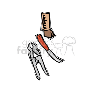 The clipart image shows a collection of three gardening tools. The tools include a hand trowel, which is used for planting and weeding, a pruning knife (or grafting knife), which is a versatile cutting tool for gardening, and a pair of pruning shears, which are used for trimming plants and cutting branches.