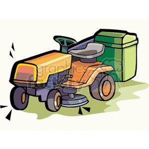 The image displays a cartoonish clipart of a riding lawn mower. The mower is colored yellow and orange, with a green grass collection container attached to the rear. It's depicted against a white background with some green to represent grass, and there are motion lines around it, indicating that it is in motion or vibrating.