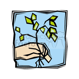 The clipart image depicts a stylized illustration of a hand holding a seedling with visible roots. The plant has a few green leaves indicating that it is a young sprout, and it appears to be freshly pulled from the soil or ready to be planted.