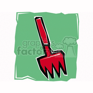 The clipart image shows a stylized representation of a garden rake. The rake has a red head with several tines and a red handle, set against a green abstract background. 