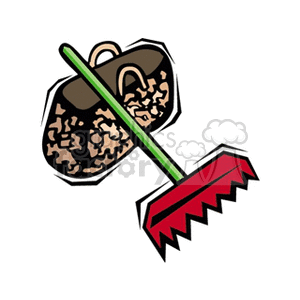 The image is a simplified or stylized representation of a red garden rake with a green handle leaning against a bag or basket filled with what appears to be soil or mulch. The style is typical for clip art, which is often used in educational materials, presentations, or as web graphics.