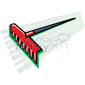 This clipart image displays a red garden rake with a black handle. The rake appears in an angled, elevated position on a white background with a slight shadow effect underneath, giving a sense of dimension to the illustration.
