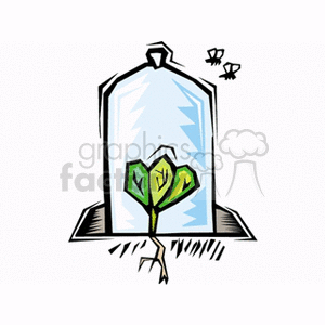The clipart image depicts a young green plant, possibly a sprout, growing inside a clear terrarium. The terrarium has a lid with a handle on top and appears to be set on a surface, possibly soil. There are two flies hovering above the terrarium. The image style is a simple, cartoon-like drawing with bold outlines and colors suggesting a concept related to gardening, plant care, or the importance of protecting growing plants from pests.