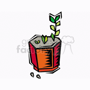 The clipart image depicts a plant sprouting with several green leaves from a stylized, colorful pot. Three small pebbles or pieces of soil are shown fallen on the ground next to the pot, indicating recent planting or growth. The pot has a red side with a zig-zag pattern suggesting a decorative design.