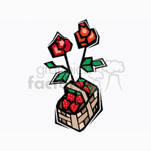 The clipart image shows a basket filled with strawberries and some roses protruding from the top. The basket appears to be woven, and the roses have a few green leaves attached to their stems.