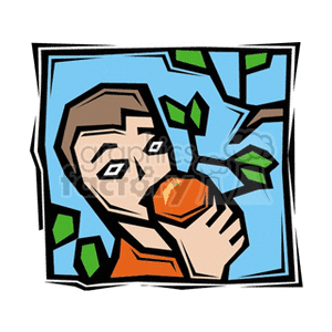 The image is a stylized, abstract clipart of a man eating an apple. There are simplified representations of apple tree branches with leaves around him, indicating the setting might be an orchard. The colors are bold and the lines are thick, giving the clipart a cartoonish look. The man appears to be a farmer or a gardener due to the association with the apple tree.