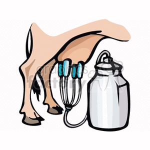 This clipart image depicts the process of milking a cow. You can see part of a cow, specifically its udder, along with a mechanical milking machine attached to the udder. Next to the cow is a classic milk can, typically used to store fresh milk. The image symbolizes dairy farming and the production of milk.