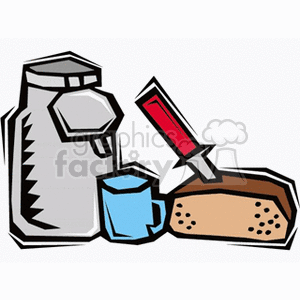 The clipart image shows a collection of dairy products and bread. It includes a milk carton, a cup filled with milk, and a loaf of bread partially wrapped in a paper with a slice of it visible. The items seem to symbolize staple food items commonly found in a household or associated with breakfast.