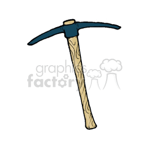 The image is a clipart depicting a pickaxe, which is a hand tool with a hard head attached perpendicularly to a handle. The pickaxe is typically used in agriculture, mining, and construction to break up hard surfaces or materials like soil, rock, and concrete.