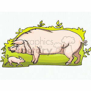 The clipart image shows a large, adult pig, which could be interpreted as a mother, standing in a grassy area with one small piglet, which can be referred to as a piglet, next to her. Both pigs are enclosed within a leafy border that gives the impression of a farm or agricultural setting.