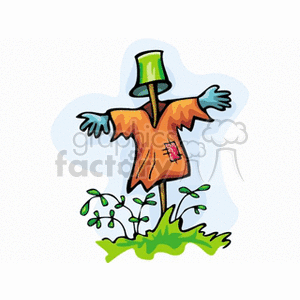 The image depicts a cartoon-style scarecrow, which is often associated with agriculture and Halloween themes. The scarecrow is wearing a patchy orange shirt, has blue gloves for hands, and is outfitted with a green cylindrical hat. It appears to be set in a field, indicated by the green foliage at its base.