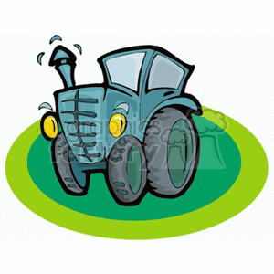 The clipart image depicts a stylized green tractor with large tires and yellow highlights. The tractor appears to be on a simple green ground or field, and there's a small puff of smoke coming out of its exhaust pipe, indicating that the tractor is running.