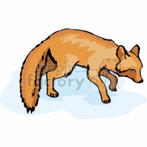 This clipart image features a stylized fox in a crouching position. The fox has characteristic orange-red fur with white coloring on its underbelly, and it appears alert and ready, possibly hunting or being cautious of its environment. The background is minimal, with a patch of white which might suggest snow or a simple surface for the fox to stand out against.