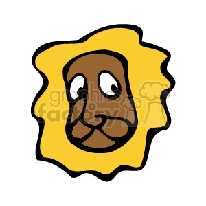 This clipart image depicts a friendly cartoon depiction of a lion's head. The lion has a simple and expressive facial design with prominent eyes, a nose, and a delineated mouth, giving it a playful and approachable look. The mane is stylized in a wavy pattern, encircling the face with a bright yellow color.