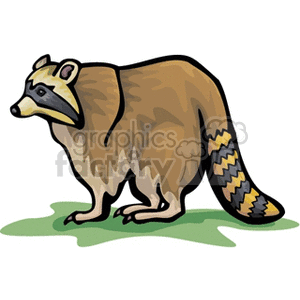 This clipart image depicts a cartoon raccoon in a side profile view. The raccoon is standing on all fours, and features like the characteristic mask-like facial markings, bushy tail with alternating dark and light rings, and a slightly hunched posture are evident.