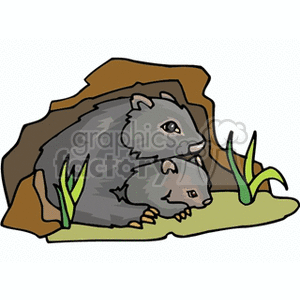 The clipart image displays a mother wombat with her babies. They are portrayed sitting inside a brown cave. The wombats are colored grey, and there is some green vegetation present at the entrance of the cave.