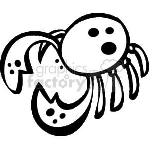 The image is a cartoon drawing of a crab. It has two large claws. The crab is facing to the left and has two small eyes, and some dots on its claws and back