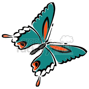 The image is a stylized illustration of a butterfly. The butterfly has green wings with black outlining, and the wings feature orange accents and white spots surrounded by black. The butterfly gives the impression of being in mid-flight with the wings positioned in such a way to suggest motion.
