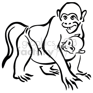 The image is a line drawing of two monkeys - a mother and baby, with the baby holding on to the underside of the mother. The details are minimal, but they both have prominent facial expressions which suggest a depiction of emotion or interaction.