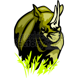 The image is a clipart of a rhinoceros (rhino). It features a stylized depiction of a rhino in shades of green and yellow, with the animal appearing to be in motion or potentially charging from a patch of green grass. The rhino's horn is prominently displayed, characteristic of how rhinoceroses are often represented in artwork. The style of the image is graphic with clear outlines and a limited color palette, typical for clipart used for various purposes such as educational material, digital media, or print.