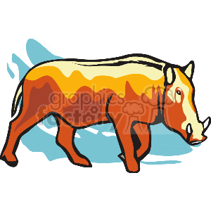 The image is a stylized clipart of a wild boar. The boar has prominent tusks, a typical feature of wild pigs or hogs. Its coloring is artistic, with shades of orange and yellow, which are not typical natural colors for a boar but are often used in clipart for visual appeal. The background includes a vague blue shape that could suggest a sense of movement or environment without specific details.