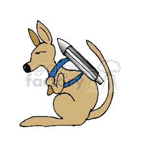 The image appears to feature an anthropomorphized cartoon kangaroo wearing a blue backpack and carrying a large pen or pencil on its back. It looks like a playful depiction of a kangaroo ready for school, combining elements of wildlife with human characteristics.