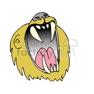 The clipart image depicts a stylized lion with an open mouth, showing its fangs. The expression could be interpreted as either a roar or a yawn. The lion appears to be designed in a simplistic, cartoonish style with a focus on the facial features, particularity the mouth and teeth.