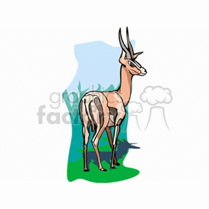 The clipart image features a stylized representation of a gazelle standing on what appears to be grass with a blue sky and some green foliage in the background. The gazelle is depicted in profile with its characteristic long, slender legs, and horns that curve backwards.