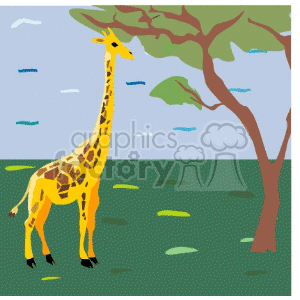 The clipart image depicts a single giraffe standing on a grass-covered plain with a large tree to its right. The tree has a broad trunk and a canopy with green leaves. The background shows a hint of a blue sky with a few stylized white and blue clouds.
