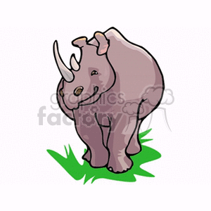 The image is a simple clipart illustration of a rhinoceros. The rhino is depicted as a cartoon-like character, standing on a patch of green, suggesting grass. It is facing forward, with a smiling expression, giving the clipart a friendly and approachable vibe.