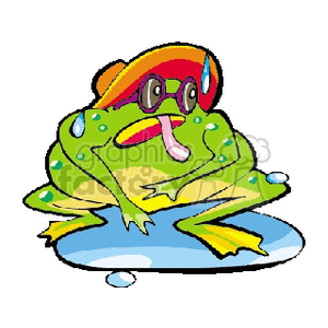 The clipart image features a cartoon frog. The frog is colored green with blue spots and has a yellow underside. It is depicted sitting on a blue surface suggestive of water, with water droplets indicating the frog is sweating. The frog is wearing a straw hat and red sunglasses, with its tongue hanging out as if it is feeling hot.
