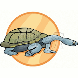The clipart image features a stylized sea turtle with its neck outstretched. The turtle is depicted against a pale orange circular backdrop, which may suggest a setting sun or a simplified representation of the ocean environment where sea turtles are found.