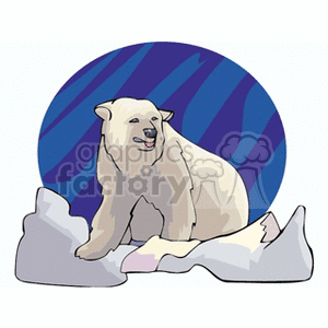 This clipart image features a polar bear sitting on an ice patch. It is set against a backdrop with a blue and purple circular pattern, suggesting an arctic environment.