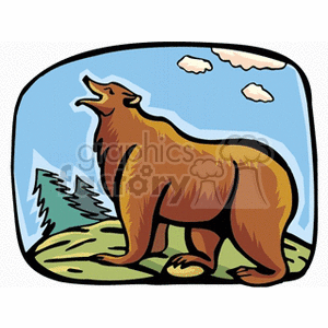 The clipart image depicts a stylized illustration of a brown bear standing outdoors with a scenic backdrop that includes blue skies, a few clouds, mountains, and what appears to be a coniferous forest. The bear is depicted in a walking stance and appears to be roaring or yawning.