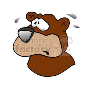The image is a clipart depiction of a worried brown bear. It shows the bear's head with a concerned or stressed expression. Grey sweat droplets are visible above its head, indicative of worry or fear.