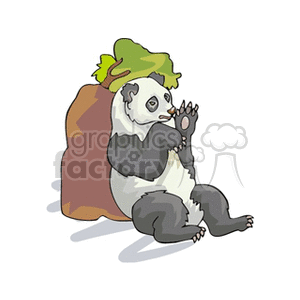 The image shows a stylized cartoon of a giant panda in a seated position with a relaxed or contemplative expression. The panda has a distinctive green hat on its head and a string of beads in its hands, which could imply a whimsical or humorous anthropomorphism, suggesting the panda is mimicking human behavior often associated with leisure or meditation.