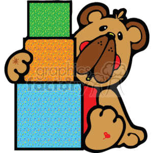 The image contains a cartoon illustration of a teddy bear in a country style, standing and interacting with a stack of colorful blocks. The bear seems to be playfully engaged with the blocks, with one paw resting on the blocks and a happy expression on its face. The blocks are decorated with patterns, and the bear has a heart detail on its paw, enhancing the toy-like, whimsical nature of the image.