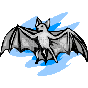 This is a clipart image of a bat with outstretched wings, mid-flight. The bat is in shades of gray, with a simplistic, stylized design. The background consists of abstract blue shapes that could represent the night sky or motion blur, supporting the theme of flight. The image fits themes typically associated with Halloween, nocturnal animals, and vampire mythology.