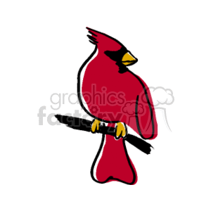 The clipart image depicts a stylized red cardinal bird perched on a branch. The cardinal is likely a male, as indicated by its bright red plumage, which is characteristic of male cardinals. The bird has a prominent crest on its head and a black mask-like area around its beak. The image simplifies the features of the bird commonly found in clipart but retains the identifiable characteristics of a cardinal.