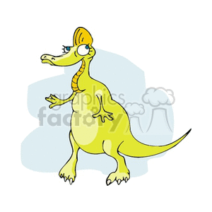 The image is a cartoon of a friendly-looking yellow dragon with a lighter yellow belly. It has a long neck, a slender tail, and stands upright on two legs. The dragon also features small wings, horns on its head, and large eyes. 
