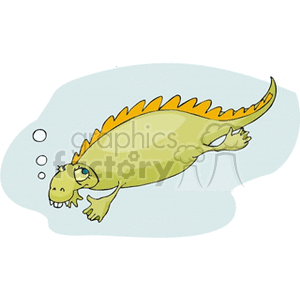 This clipart image depicts a cartoon dragon. The dragon appears to be green with a yellow belly and back spikes, and it is swimming underwater as indicated by the bubbles coming from its mouth.
