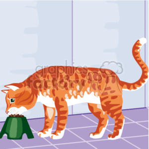 The image is a clipart featuring an orange striped cat with some white markings eating from a green bowl. The cat is depicted with a bent head to reach the food, and its tail is upturned. The setting appears to be indoors, as suggested by the purple-tiled flooring and the baseboard and wall that make the background. The image has a cartoony style, typical for clipart.