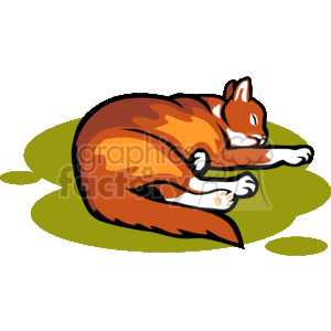 The image is a clipart of an orange cat curled up and sleeping peacefully on a green surface. The cat has white paws and white markings on its face. The clipart is stylized with bold lines and bright colors.