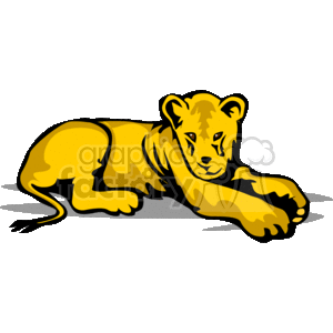 This image depicts a stylized clipart illustration of a lion cub in a resting position. Its coloration is a simplified yellow with some shadowing to provide a sense of dimension. The cub is looking forward with a tranquil expression on its face. It appears friendly and approachable, making it suitable for a variety of applications, including educational materials, children's content, or any project requiring an adorable animal representation.