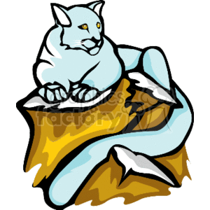 This is a stylized clipart image featuring a large feline, reminiscent of a snow leopard given its pale coloration and spotted coat, resting atop a rocky outcrop. The cat's fur appears soft, and it has prominent spots with dark outlines. The outcrop has shades of yellow, tan, and brown, possibly indicating a mountainous or rocky environment where snow leopards are typically found.