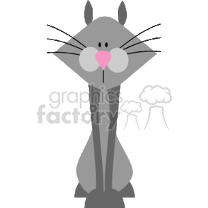 The clipart image shows a cartoon cat, with a gray body and sitting upright, facing forward. It has smaller eyes and a big pink nose, with long thick black whiskers 