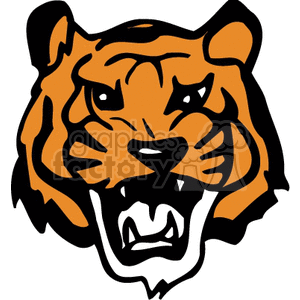 This clipart image contains the illustration of a tiger's head. The tiger is depicted with a fierce expression, showcasing prominent stripes and an open mouth with visible fangs.