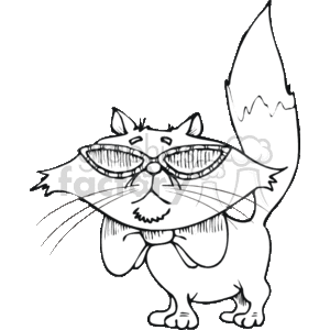 The clipart image shows a cartoon cat wearing sunglasses. The cat appears to be styled in a somewhat exaggerated or whimsical fashion, with prominent whiskers and a fluffy tail. The sunglasses add a touch of summer flair to the image, suggesting that the cat is ready for sunny weather. The image is in black and white, with clear outlines for easy identification.